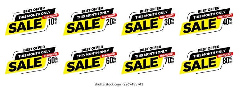 10%, 20%, 30%, 40%, 50%, 60%, 70%, 80%, 90%, descuento. Etiquetas de venta conjunto plantilla de insignias vectoriales. Señal de precio de oferta de venta. Símbolo de oferta especial. Promoción de descuento. Forma de identificador de descuento.