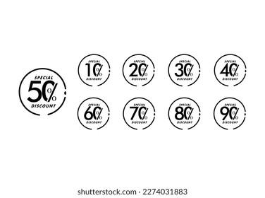 10%, 20%, 30%, 40%, 50%, 60%, 70%, 80%, 90% de descuento. Etiquetas de venta conjunto plantilla de insignias vectoriales. Señal de precio de oferta de venta. Símbolo de oferta especial. Promoción de descuento. Forma de identificador de descuento. Diseño de vectores