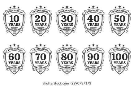 10, 20, 30, 40, 50, 60, 70, 80, 90, 100 years anniversary icon or logo set. Yubilee celebration, company birthday badge or label. Vintage banners with shield and ribbon. Vector illustration.
