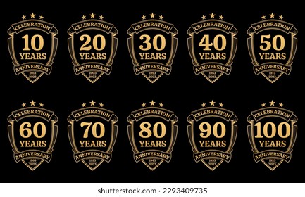 10, 20, 30, 40, 50, 60, 70, 80, 90, 100 years anniversary icon or logo set. Yubilee celebration, company birthday golden badge or label. Vintage banners with shield and ribbon. Vector illustration.