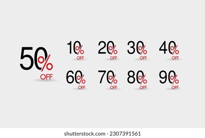 10%, 20%, 30%, 40%, 50%, 60%, 70%, 80%, 90% de descuento. Etiquetas de venta,establecer plantilla de insignias vectoriales. Señal de precio de oferta de venta. Símbolo de oferta especial. Promoción de descuento. Forma de identificador de descuento. Diseño de vectores