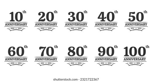 10, 20, 30, 40, 50, 60, 70, 80, 90, 100 years anniversary icon or logo. Vintage birthday banner design set. Anniversary jubilee celebration badge or label collection. Vector illustration.