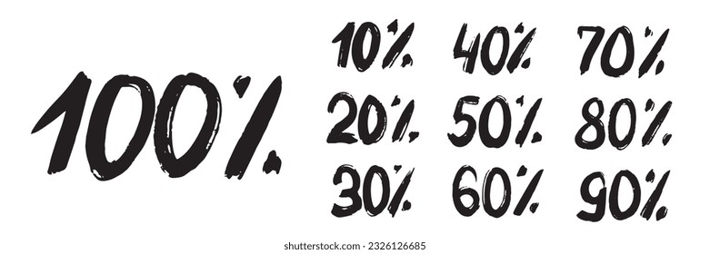 10%, 20%, 30%, 40%, 50%, 60%, 70%, 80%, 90% Descuento 100%. Etiquetas de venta conjunto plantilla de insignias vectoriales. Señal de precio de oferta de venta. Dibujar números de caligrafía a mano. Diseño de vectores