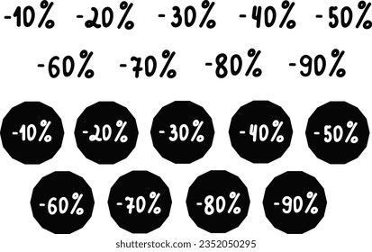10%, 20%, 30%, 40%, 50%, 60%, 70%, 80%, 90% de descuento. Etiquetas de venta conjunto plantilla de insignias vectoriales. Señal de precio de oferta de venta. Símbolo de oferta especial. Promoción de descuento. Forma de identificador de descuento. Diseño de vectores