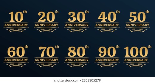 10, 20, 30, 40, 50, 60, 70, 80, 90, 100 years anniversary golden icon or logo. Vintage birthday banner design set. Anniversary jubilee celebration badge or label collection. Vector illustration.