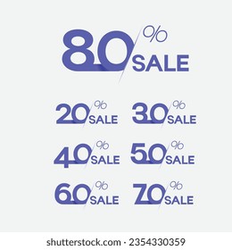 10%, 20%, 30%, 40%, 50%, 60%, 70%, 80% Discount. Sale tags set vector badges template. Sale offer price sign. Special offer symbol. Discount promotion. Discount badge shape. Vector design