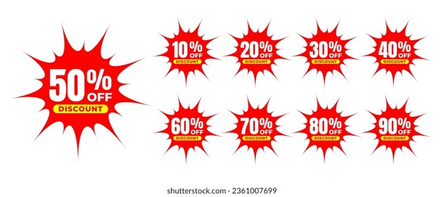 10%, 20%, 30%, 40%, 50%, 60%, 70%, 80%, 90% de descuento. Etiquetas de venta conjunto plantilla de insignias vectoriales. Establece la forma del botón de descuento. Diseño vectorial de explosión