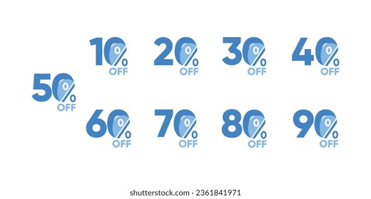 10%, 20%, 30%, 40%, 50%, 60%, 70%, 80%, 90% Discount. Sale tags set vector badges template. Sale offer price sign. Special offer symbol. Discount promotion