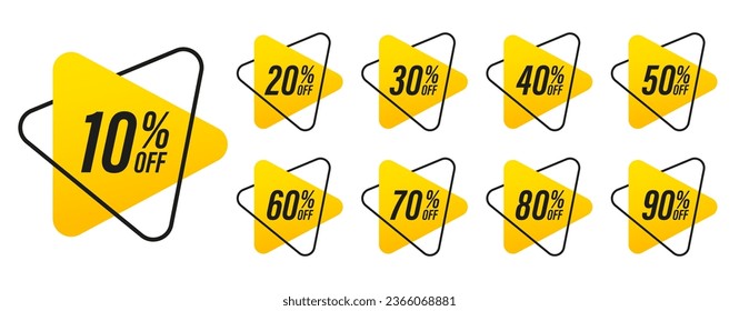 	10%, 20%, 30%, 40%, 50%, 60%, 70%, 80%, 90%. Etiquetas de venta conjunto plantilla de insignias vectoriales. Señal de precio de oferta de venta. Símbolo de oferta especial. Etiqueta de promoción de descuento. Forma de identificador de descuento. Ilustración del vector