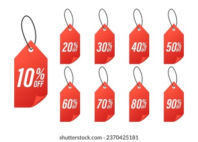 10%, 20%, 30%, 40%, 50%, 60%, 70%, 80%, 90%. Sale tags set vector badges template. Sale offer price sign. Special offer symbol. Discount promotion sticker. Discount badge shape. Vector illustration