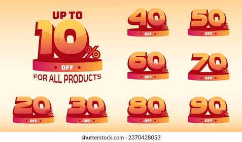 10%, 20%, 30%, 40%, 50%, 60%, 70%, 80%, 90% Cashback. Sale tags set vector badges template. Sale offer price sign. Special offer symbol. Discount promotion. Discount badge shape. Vector design