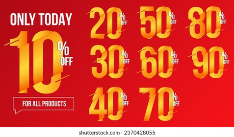 10%, 20%, 30%, 40%, 50%, 60%, 70%, 80%, 90% Cashback. Sale tags set vector badges template. Sale offer price sign. Special offer symbol. Discount promotion. Discount badge shape. Vector design