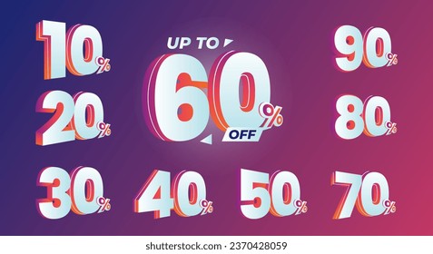 10%, 20%, 30%, 40%, 50%, 60%, 70%, 80%, 90% Cashback. Sale tags set vector badges template. Sale offer price sign. Special offer symbol. Discount promotion. Discount badge shape. Vector design