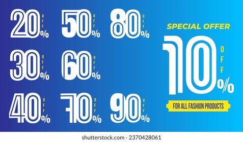10%, 20%, 30%, 40%, 50%, 60%, 70%, 80%, 90% Cashback. Sale tags set vector badges template. Sale offer price sign. Special offer symbol. Discount promotion. Discount badge shape. Vector design