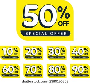 10%, 20%, 30%, 40%, 50%, 60%, 70%, 80%, 90% Discount. Sale tags set vector badges template. Sale offer price sign. Special offer symbol. sale percentage. Discount badge shape. Vector design