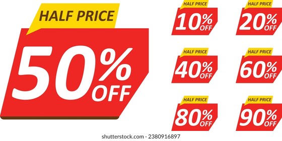  10 ,20 ,30 40, 50, 60, 70, 80, 90 , percent off for cheap economic 
shopping, Sale banner special offer tag discount template set.
tag set, Half price, buy now and hot deal special offer,
 vector eps