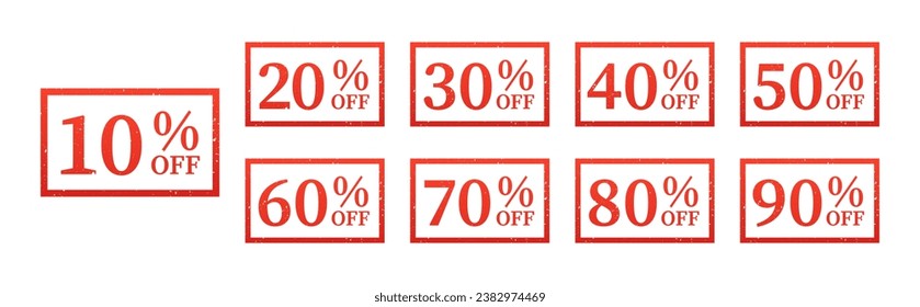 10 %, 20 %, 30 %, 40 %, 50 %, 60 %, 70 %, 80 %, 90 % Rabatt auf Rot-Kautschuk auf weißem Hintergrund. 10 % Rabatt auf Rubber Grunge Stamp. Rabatt. Verkaufs-Tags Set Vektor. Sonderangebot-Symbol. Vektorgrafik