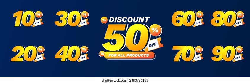 10%, 20%, 30%, 40%, 50%, 60%, 70%, 80%, 90% Discount. Sale tags set vector badges template. Sale offer price sign. Special offer symbol. Discount promotion. Discount badge shape. Vector design