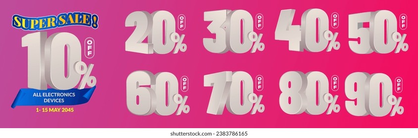 10%, 20%, 30%, 40%, 50%, 60%, 70%, 80%, 90% Discount. Sale tags set vector badges template. Sale offer price sign. Special offer symbol. Discount promotion. Discount badge shape. Vector design
