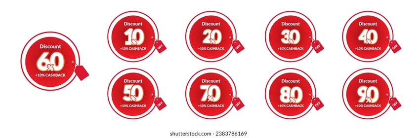 10%, 20%, 30%, 40%, 50%, 60%, 70%, 80%, 90% Discount. Sale tags set vector badges template. Sale offer price sign. Special offer symbol. Discount promotion. Discount badge shape. Vector design