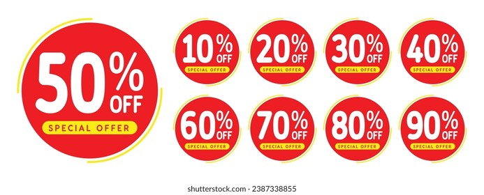 10%, 20%, 30%, 40%, 50%, 60%, 70%, 80%, 90%, Discount. Sale tags set vector badges template. Sale offer price sign. Special offer symbol. Discount promotion. Discount badge shape.