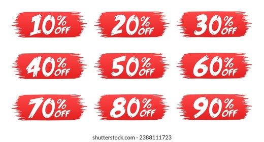 10%, 20%, 30%, 40%, 50%, 60%, 70%, 80%, 90%. Etiquetas de venta conjunto plantilla de insignias vectoriales. Señal de precio de oferta de venta. Símbolo de oferta especial. Etiqueta de promoción de descuento. Forma de identificador de descuento. Ilustración del vector