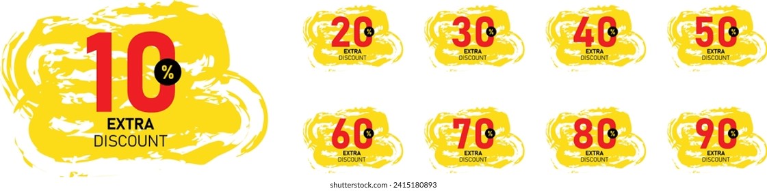 10%, 20%, 30%, 40%, 50%, 60%, 70%, 80%, 90% de descuento. Etiquetas de venta conjunto plantilla de insignias vectoriales. La venta amarilla ofrece señal de precio, pancarta, pegatina. Símbolo de oferta especial. Promoción de descuento. Ilustración del vector