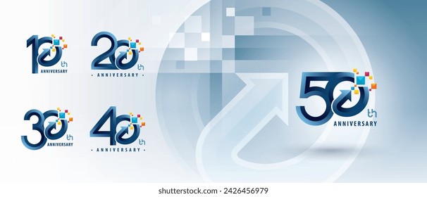 10, 20, 30, 40, 50 year Anniversary logo design, Ten to Fifty years celebrate Anniversary Logo for celebration event, Abstract Circle Arrow, Growth to Success Concept, Curved Arrow Right to Pixel Logo