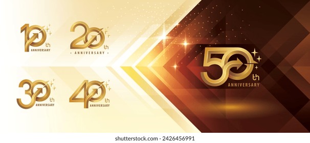 10, 20, 30, 40, 50 year Anniversary logo design, Ten to Fifty years Anniversary Logo for celebration event, Abstract Golden Circle Arrow, Growth to Success Concept, Curved Arrow Right to Stars Logo.