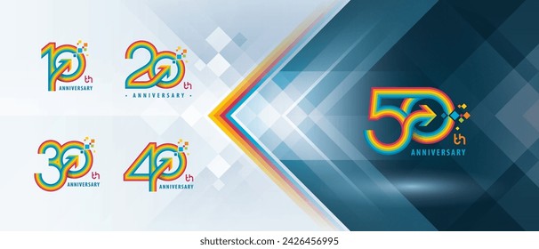 10, 20, 30, 40, 50 year Anniversary logo design, Ten to Fifty years Anniversary Logo for celebration event, Abstract Colorful Lines Circle Arrow, Growth to Success Concept, Curved Arrow Right to Pixel