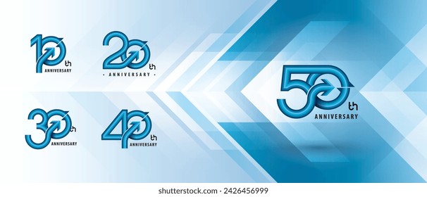 10, 20, 30, 40, 50 year Anniversary logo design, Ten to Fifty years Celebrate Anniversary Logo for celebration event, Abstract Blue Circle Arrow, Growth to Success Concept, Curved Arrow Right to Top.