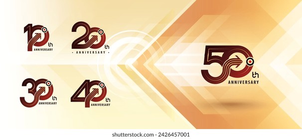 10, 20, 30, 40, 50 year Anniversary logo design, Ten to Fifty years Anniversary Logo for celebration event, Abstract Circle Lines Arrow, Growth to Success Concept, Curved Arrow Right to Target Sign.