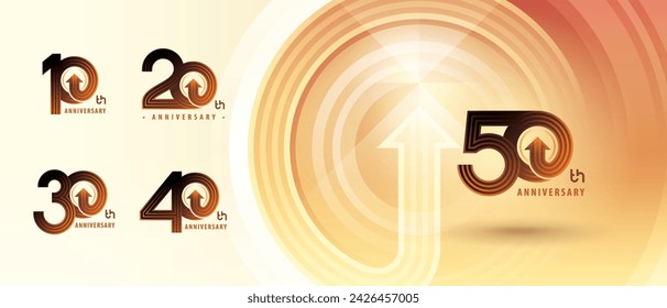 10, 20, 30, 40, 50 year Anniversary logo design, Ten to Fifty years Anniversary Logo for celebration event, Abstract Double Lines Circle Arrow, Growth to Success Concept, Curved Arrows Right to Top.