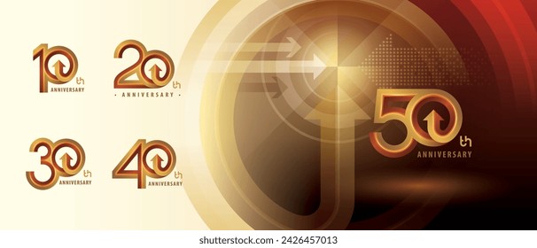 10, 20, 30, 40, 50 year Anniversary logo design, Ten to Fifty years Celebrate Anniversary Logo for celebration event, Abstract Golden Circle Arrow, Growth to Success Concept, Curved Arrow Right to Top