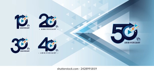 10, 20, 30, 40, 50 year Anniversary logo design, Ten to Fifty years Anniversary Logo Celebration event, Abstract Circle Arrow Colorful Pixel, Arrow Growth to Success Concept, Upward Arrow Right to Top