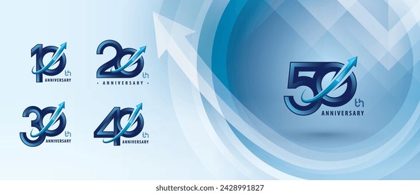 10, 20, 30, 40, 50 años Diseño de logotipo de aniversario, 10 a 50 años Logotipo de aniversario para el evento de celebración, flecha de círculo azul abstracto, concepto de crecimiento al éxito, flecha curvada hacia arriba de derecha a arriba.