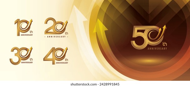 10, 20, 30, 40, 50 años Logotipo de aniversario, 10 a 50 años Logotipo de aniversario para el evento de celebración, Flecha abstracta del círculo de oro, Crecimiento al concepto de éxito, Flecha curvada hacia arriba derecha a arriba.