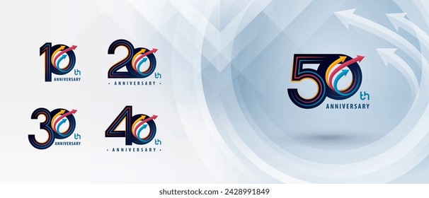 10, 20, 30, 40, 50 años Logotipo de aniversario, 10 a 50 años Logotipo de aniversario para evento de celebración, Círculo colorido abstracto Flecha, Crecimiento al concepto de éxito, Flecha curvada hacia arriba derecha a arriba.