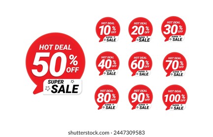 10%, 20%, 30%, 40%, 50%, 60%, 70%, 80%, 90%, 100% percent off super sale sticker. Hot deal offer product label. Marketing promotion design element for website or social media vector illustration.