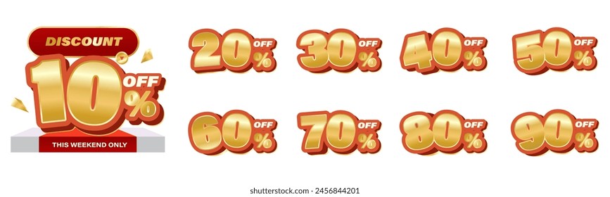 10%, 20%, 30%, 40%, 50%, 60%, 70%, 80%, 90% Discount. Sale tags set vector badges template. Sale offer price sign. Special offer symbol. Discount promotion. Discount badge shape. Vector design