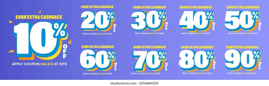 10%, 20%, 30%, 40%, 50%, 60%, 70%, 80%, 90% Cashback. Sale tags set vector badges template. Sale offer price sign. Special offer symbol. Discount promotion. Discount badge shape. Vector design