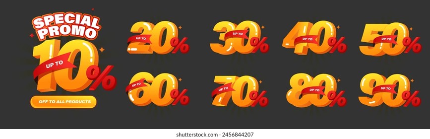 10%, 20%, 30%, 40%, 50%, 60%, 70%, 80%, 90% Discount. Sale tags set vector badges template. Sale offer price sign. Special offer symbol. Discount promotion. Discount badge shape. Vector design