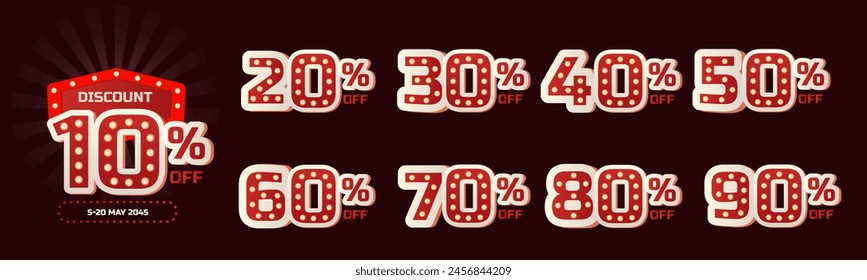 10 %, 20 %, 30 %, 40 %, 50 %, 60 %, 70 %, 80 %, 90 % Rabatt. Sale Tags setzen Vektorgrafik Badges Vorlage. Sale-Angebot Preis-Schild. Symbol für Sonderangebote. Rabattaktion. Form des Rabattabzeichens. Vektorgrafik-Design