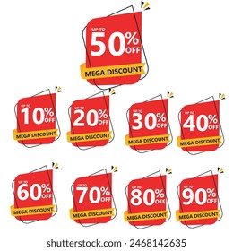 10%, 20%, 30%, 40%, 50%, 60%, 70%, 80%, 90% Discount. Sale tags set vector badges template. Sale offer price sign. Special offer symbol. Discount promotion. Discount badge shape. Vector design