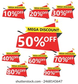 10%, 20%, 30%, 40%, 50%, 60%, 70%, 80%, 90% Discounts Sale percent set vector badges template, Sale offer price signs, Special offer symbol, Discount promotion, Discount badge shape, Vector design.