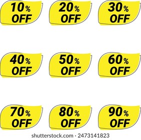 10%, 20%, 30%, 40%, 50%, 60%, 70%, 80%, 90%  Discount stickers. Sale offer price tag. Special offer badges. Vector illustrator design, 
