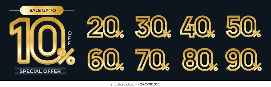 10%, 20%, 30%, 40%, 50%, 60%, 70%, 80%, 90% de descuento. Etiquetas de venta conjunto de insignias de Vector Plantilla. Oferta de venta Precio signo. Símbolo de oferta especial. Promoción de descuento. Forma de insignia de descuento. diseño de Vector
