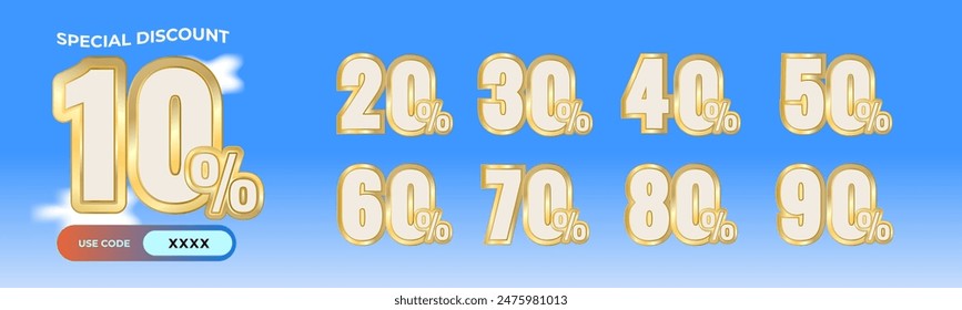 10%, 20%, 30%, 40%, 50%, 60%, 70%, 80%, 90% Discount. Sale tags set vector badges template. Sale offer price sign. Special offer symbol. Discount promotion. Discount badge shape. Vector design
