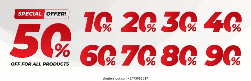 10%, 20%, 30%, 40%, 50%, 60%, 70%, 80%, 90% Discount. Sale tags set vector badges template. Sale offer price sign. Special offer symbol. Discount promotion. Discount badge shape. Vector design
