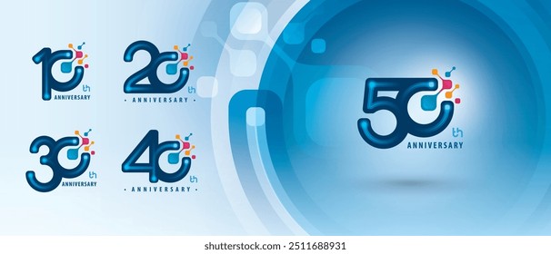 Logotipo del aniversario de 10, 20, 30, 40, 50 años, logotipo del aniversario de diez a cincuenta años para la celebración, partícula azul Abstractas de la estructura de la molécula de los átomos. Química Ciencia, Biotecnología, Biología molecular